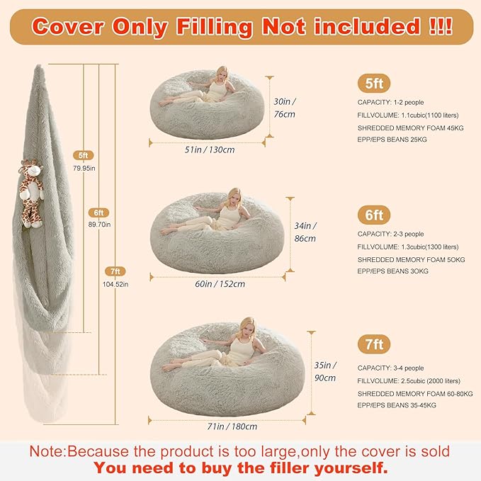 Bean Bag Covers Only, Fluffy Stuffed Beanbag Chair Covers No Filler, Washable Bean Bags Cover for Adults, Stuffed Animal Bean Bag Anti-Slip, 6FT, Light Grey