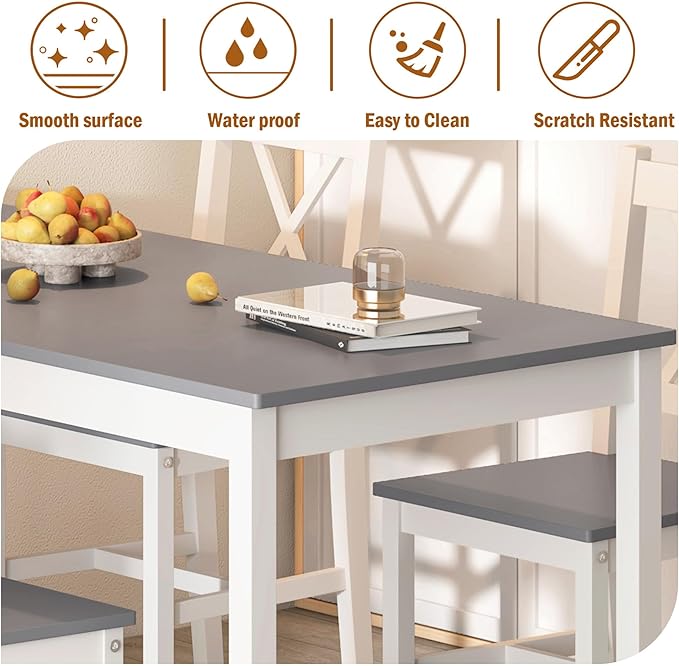 soges 5 Pieces Dining Table Set with 4 Chairs, 47.2 inch Kitchen Pine Wood Table for 4, Rectangular Dining Table Furniture Set for Kitchen, Dining Room, Dinette, White & Grey