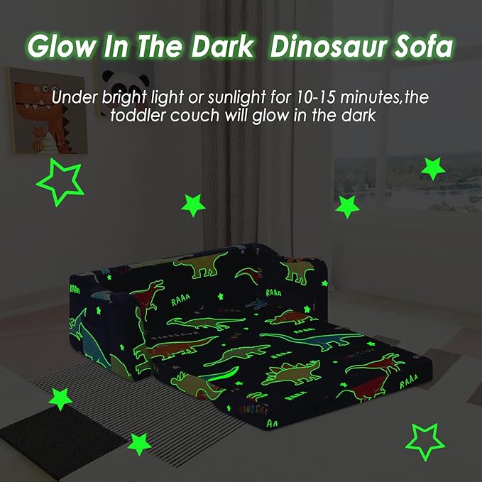 Kids Couch Extra Large,Glow in The Dark 2-in-1 Folding Kids Sofa Bed for Boys,2 Seats Convertible Sleeper Lounger Toddler Couch for Children Bedroom Playroom Nursery,Dinosaur