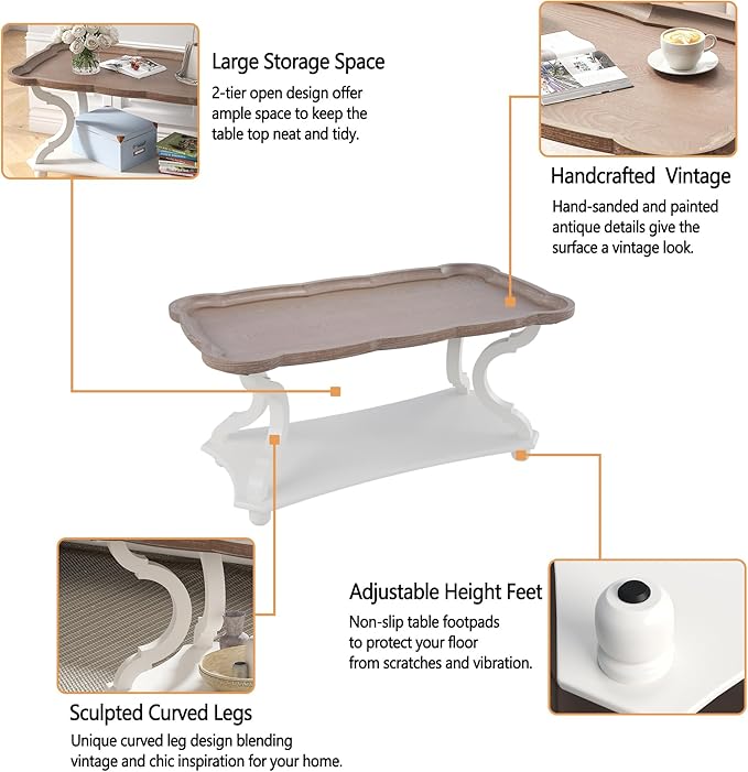 Function Home Farmhouse Coffee Table, Rustic White Cocktail Table with Storage Shelf, Sofa Table with Natural Tray Top and Carved Legs for Living Room Furniture Dining Room, Vintage White