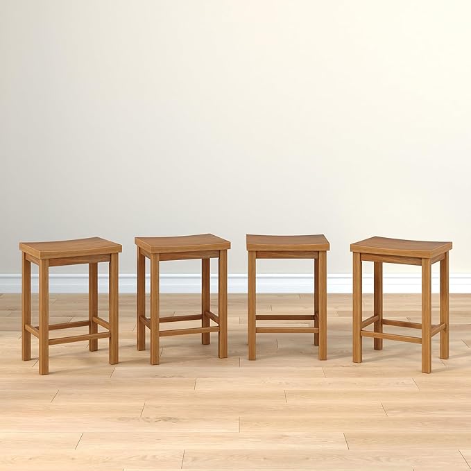 Grain & Grove Smith Collection Set of 4 Solid Wood Counter Height Bar Stools, 24-Inch Saddle Seat Backless Stools, Ideal for Kitchen Island, Dining, or Home Bar Seating, Pecan