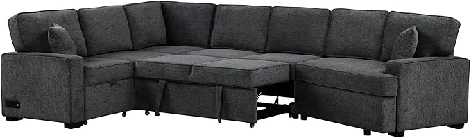 126" Extra Large Pull-Out Sofa Bed with Drop-Down Cup Holder Tables,L-Shaped Sectional Couch W/Charging Device,Convenient Sleeper Furniture Set for LivingRoom Apartment,Beige Chenille