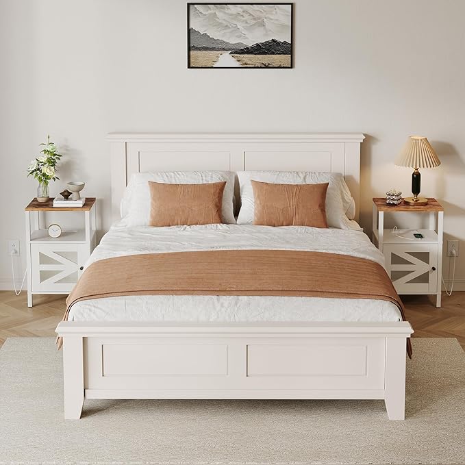 Farmhouse Nightstand with Charging Station, White Bedside Table with USB&Type-C Ports and Outlets, End Table with Storage, Acrylic Door, for Bedroom, White and Rustic Brown ETRW97E01