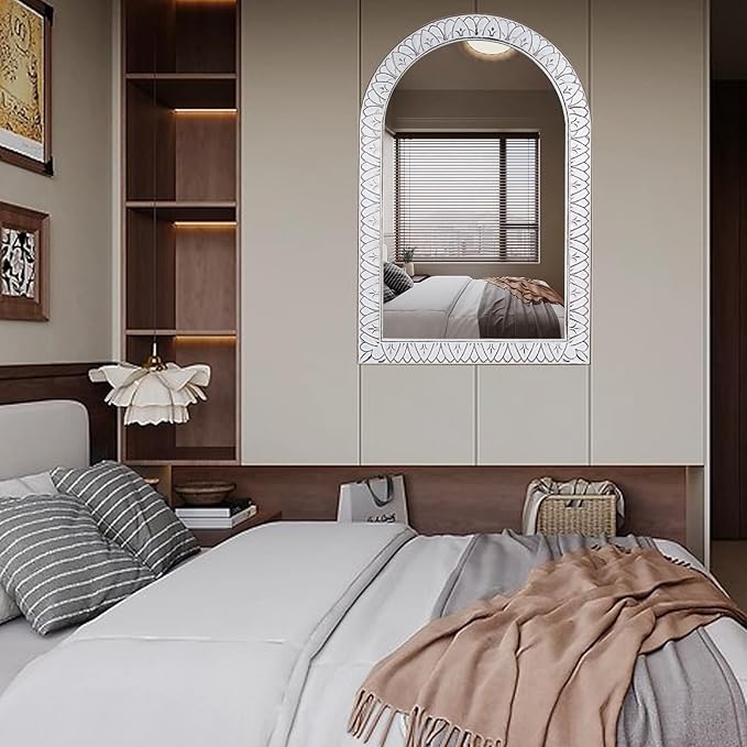 36x24 Inch Arched Wall Mirror with Wooden Frame, Rustic Farmhouse Decorative Arch Mirrors for Bathroom, Bedroom, Living Room, Entryway & Kitchen