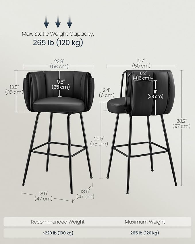SONGMICS HOME 360° Swivel Bar Stools Set of 2, Barstools with Curved Back, Upholstered Counter Bar Stools with Footrest, Metal Tapered Legs, for Kitchen Island, Dining Room, Ink Black ULBC123B02