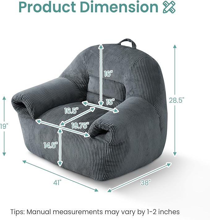 DAICO Bean Bag Chairs for Adults, Giant Bean Bag Chair Comfy Bean Bag Sofa with Handle Corduroy Single Lazy Floor Sofas Accent Chair with Foam for Bedroom Living Room Reading Gaming Grey