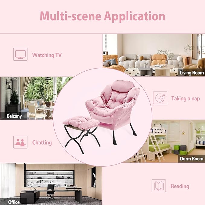 Lazy Chair with Folding Ottoman, Accent Chair Velvet Upholstered with Metal Structure and Non-Slip Pads, Sofa Armchair with Footrest and Side Storage Bag for Dorm, Room, Office, Pink