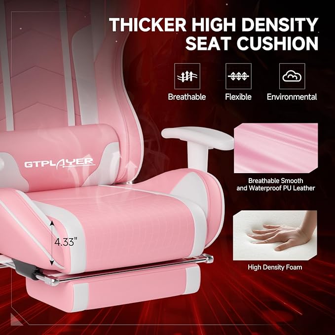 GTPLAYER Gaming Chair with Bluetooth Speakers and Footrest, Ergonomic Gamer Chair with Reclining Backrest, 3D Armrests, Adjustable Seat Height, Computer Desk Chair for Adults (Pink)