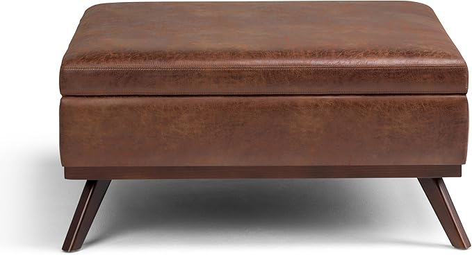 SIMPLIHOME Owen 36 inch Wide Mid Century Modern Square Coffee Table Storage Ottoman in Distressed Saddle Brown Vegan Faux Leather, Assembled, For the Living Room, Entryway and Family Room