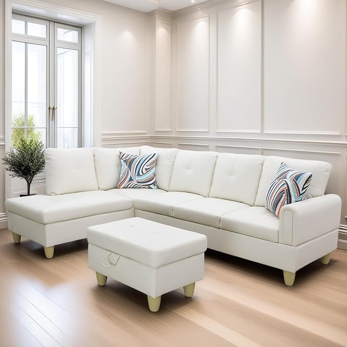 L Shaped Sectional Couches for Living Room, Modern Modular Sectional Sofa with Ottoman Storage, Comfy L Shaped Couch with Chaise for Bedroom Apartment Furniture, White