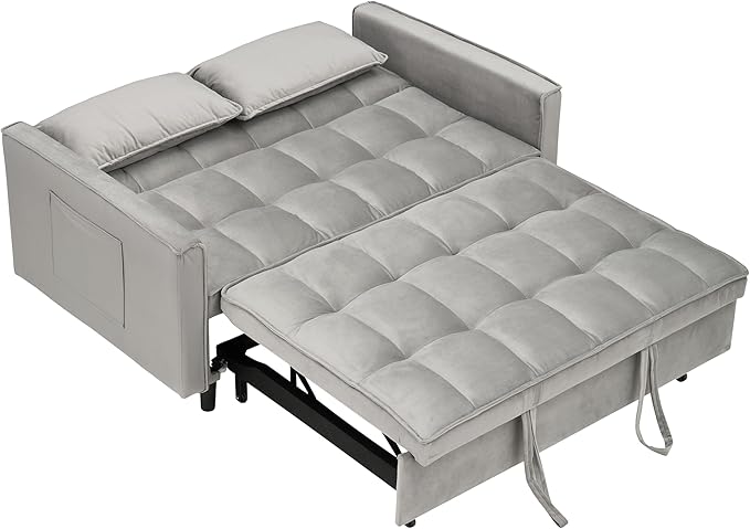 Ball & Cast Velvet Futon Sofa Couch with Pull-Out Bed,3 in 1 Convertible Sleeper Sofa Bed,Convertible Pull Out Couches W/2 Pillows,Adjustable Backrest & Side Pocket,for Living Room,Apartment,Gray,55"