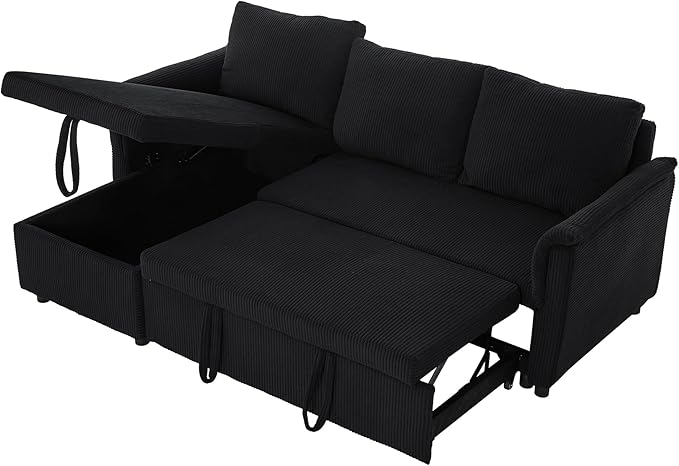 Ball & Cast L-Shape Reversible Sectional Sleeper Sofa Bed 4 in 1 Pull Out Couch with Storage Chaise&Removable Backrest,Convertible Sleeper Corner Couch Pull-Out Sofa Bed for Living Room,Corduroy,Black