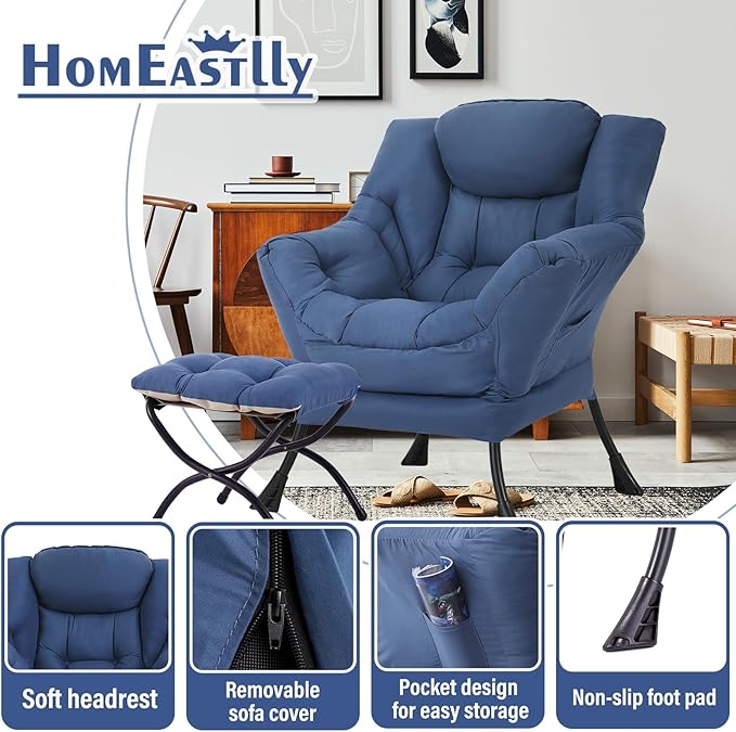 Large Lazy Chair with Ottoman, Accent Reading Chair with a Footrest, Cozy Lounge Armchair, Leisure Sofa Armchair for Living Room, Bedroom, Dorm Room, Office (Royal Blue)