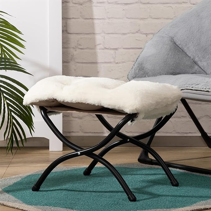 HollyHOME 15"(H) Folding Footrest Stool, Upholstered Small Foldable Ottoman, Accent Padded Sofa Foot Stool for Lazy Chair, Metal Frame Portable Foot Rest Ottoman for Home, Living Room, Bedroom, Beige