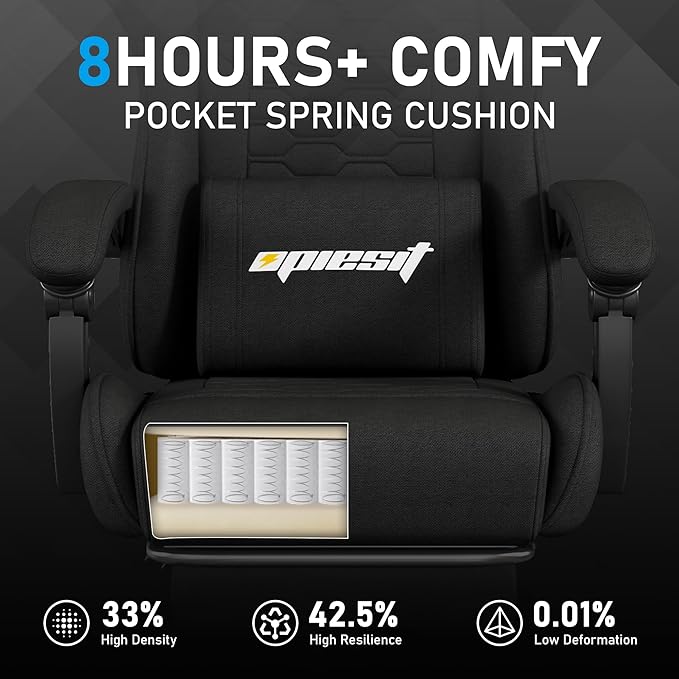 Gaming Chair, Computer Chairs for Adults with Lumbar Support and Massager, Comfortable Gamer Chair with Footrest & Pocket Spring Cushion, Ergonomic Home Office Chair, Black, Fabric