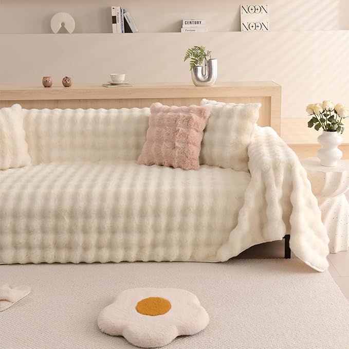 VM VOUGEMARKET Plush Faux Fur Couch Cover Thick Fluffy Fuzzy Sectional Sofa Cover Cream Beige Sofa Slipcover Soft Warm Throw Blanket for Couch Sofa Bed- Cream White,71" x 134"
