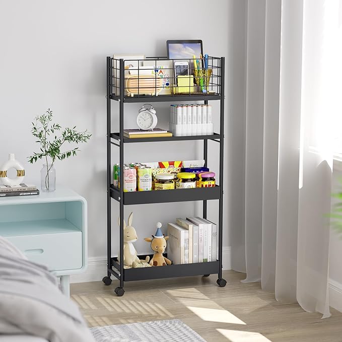 KINGRACK Slim Storage Cart, 4-Tier Metal Utility Rolling Cart with Wheels,Bathroom Organizer, Skinny Rolling Trolley, Mobile Shelving Unit for Office, Laundry Room, Narrow Place, Black
