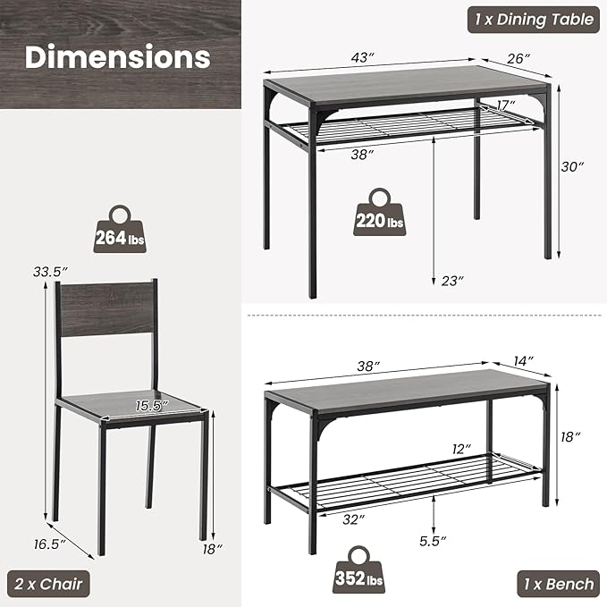 Giantex Dining Table Set for 4, Kitchen Table with Chairs & Bench, Storage Racks, Metal Frame, 4-Piece Space-Saving Dinette Set for Dining Room, Breakfast Nook, Small Space, Apartment, Grey