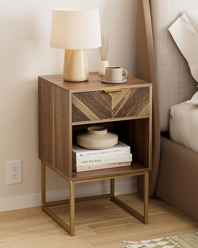 Nightstand,Modern Night Stand Boho Farmhouse Wood Bedside Table with Storage Drawer and Open Shelf,Side End Table for Bedroom,Living Room,Walnut