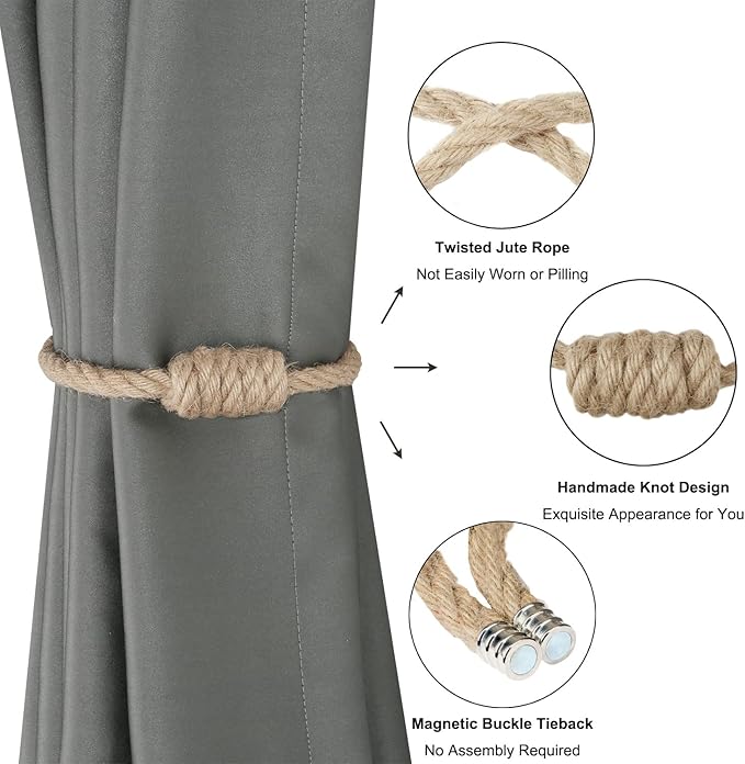 BEL AVENIR Magnetic Jute Curtain Tiebacks, Decorative Drapery Holdbacks Bohemian Style Woven Tie-Backs with Exquisite Knot (Jute, 2 Pack)