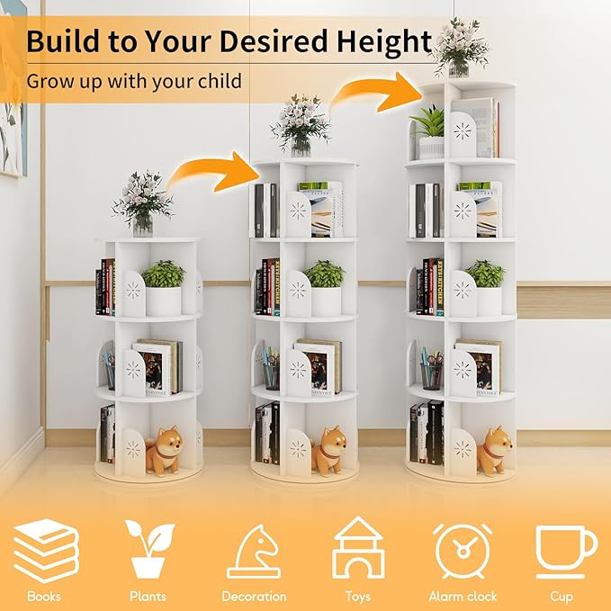 Hestiasko 5 Tier Rotating Bookshelf, 360 Rotating Bookcase, Spinning Bookshelf Tower for Kids & Adults, Corner Book Shelf for Small Space, Revolving Bookcase for Bedroom, Living Room, White