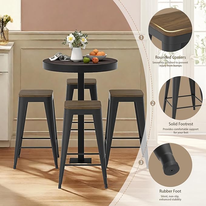 24 inch Backless Bar Stools Set of 4, Indoor Metal Bar Stools with Wood Seat, Industrial Counter Height Barstools for Kitchen Island, Black