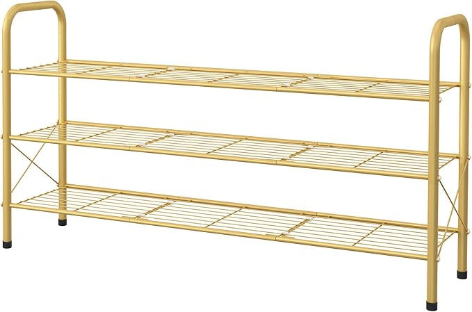 Hoctieon 3 Tier Mesh Style Shoe Rack, Entryway Shoe Shelf, Shoe Storage Organizer, Shoe Rack for Closet, Space Save for Bathroom, Garage, Hallway, Bedroom, Living Room, Gold