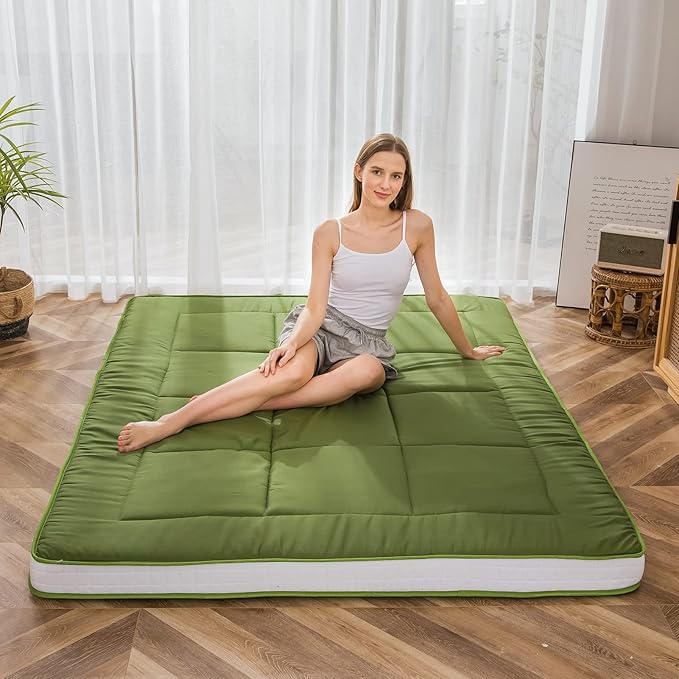 MAXYOYO Futon Mattress, Padded Japanese Floor Mattress Quilted Bed Mattress Topper, Extra Thick Folding Sleeping Pad Breathable Floor Lounger Guest Bed for Camping Couch, Green, Queen