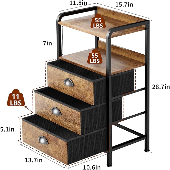 Night Stand Bedside Storage Drawers Bed Side Table Drasser Organizer Nightstand with Shelf End Tables with 3 Chest Drawer Traditional Night Stands for Bedroom Living Room Dorm Rustic Brown