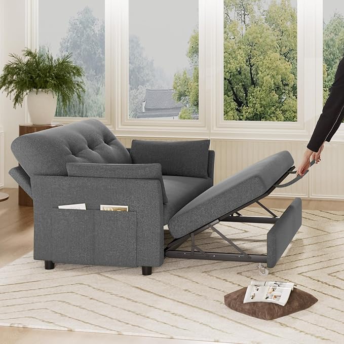 Vipbear 3-in-1 Chenille Convertible Sofa Bed, Pull Out Sleeper Sofa with Reclining Backrest & Side Pocket, Tool-Free Assembly, Folding Loveseat for Living Room, Apartment, Grey