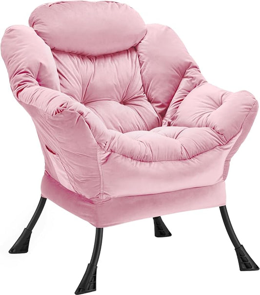 Lazy Chair Thick Padded, Comfy Velvet Accent Lounge Chair with Stable Frame, Leisure Sofa Armchair with Armrests and Side Pocket, Reading Chair for Bedroom, Living Room, Office, Pink