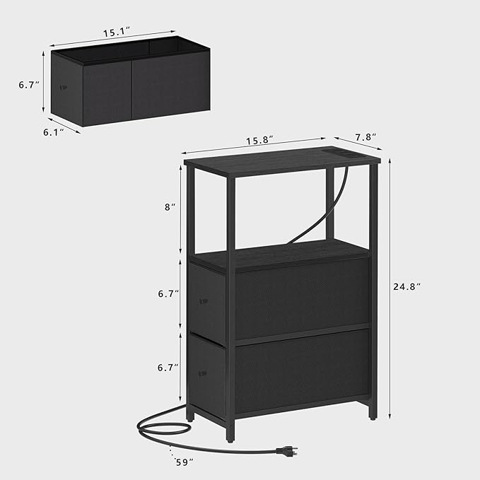 TUTOTAK Small Narrow End Table with Charging Station, Set of 2, Side Table with Outlets, Nightstand with 2 Cloth Drawers, Couch Table, for Living Room, Bedroom, Bedside, Black TB01BK055