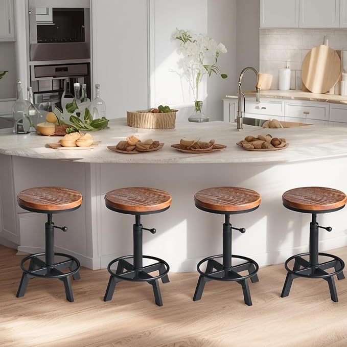 Set of 2-Industrial Bar Stool-Counter Height Chairs- Swivel Wooden Seat- Adjustable 17.7-24inch