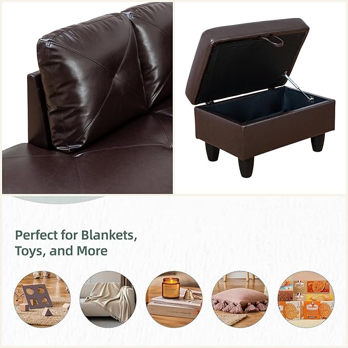 Leather Sectional Couch, Modern L Shaped Couches for Living Room, Comfy 4 Seat Modular Sectional Sofa with Ottoman Storage for Bedroom Apartment, Brown