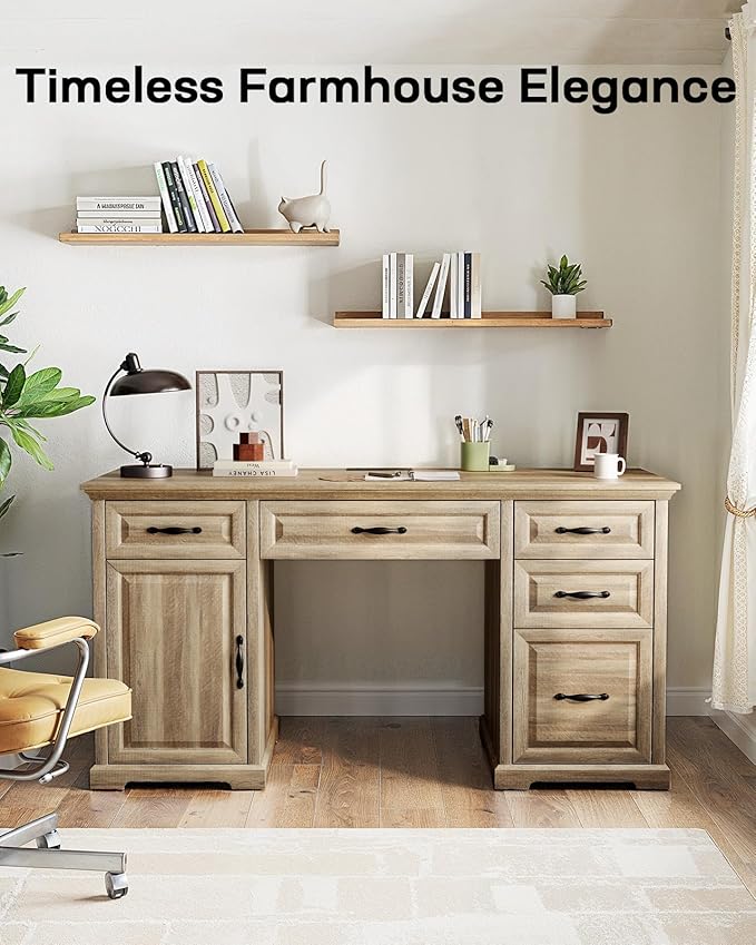 Marsail 60″ Farmhouse Executive Desk, Home Office Desk with Storage Cabinet, Charging Station, Adjustable Shelf, and File Drawer, Rustic Computer Writing Desk for Work & Study, Natural