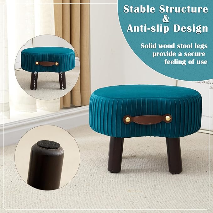 Small Footstool with Handle, Velvet Ottoman Foot Rest with Padded Seat, Curved Foot Stool with Wooden Legs, Portable Foot Rest for Living Room, Bedroom, Entryway, Peacock Blue
