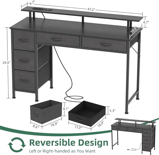 Computer Desk with 5 Drawers, Gaming Desk with LED Lights Power Outlets and Type-C, 47 Inch Office Desk with Storage, Monitor Stand, Writing Desk Work Table for Home Office, Small Spaces, Black