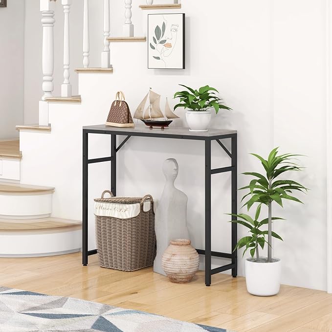 Narrow Console Table, 29.5" Small Entryway Table, Sofa Table with 2 Support Bar, Industrial Couch Table, Thin Side Table, Display Tables for Living Room, Hallway, Bedroom, Foyer, Grey