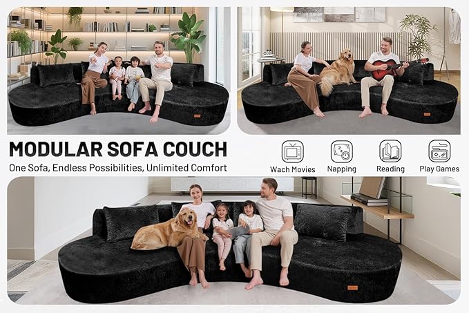 Homguava 130'' Modular Sectional Sofa,Curved Modern Sofa with Memory Foam,Deep Seat Cloud Couch with 4 Pillows,Upholstered Oversized Couches for Living Room Apartment Office,No Assembly Required-Black