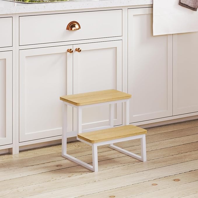 Step Stool for Adults & Kids,Holds up to 500Lbs,Heavy Duty Sturdy Steping Stool for Kichen/Bathroom/High beds, Wooden&Metal Frame, Non-Slip Rubber Pads