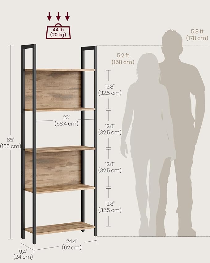 VASAGLE 5-Tier Bookshelf, Book Shelf, Industrial Bookcase, with Steel Frame, for Living Room, Home Office, Bedroom, 9.4 x 24.4 x 65 Inches, Camel Brown and Black ULLS025B50
