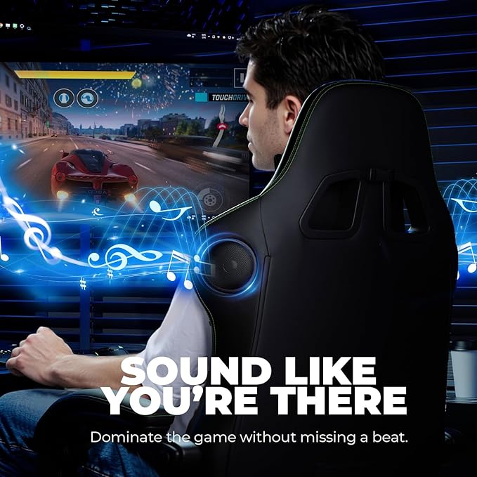 GTPLAYER ACE-PRO Music Gaming Chairs – Built-in Speakers, App Support & Bluetooth Control, Footrest & Pocket, Gamer Chair for Adults, Black & Green Stitch