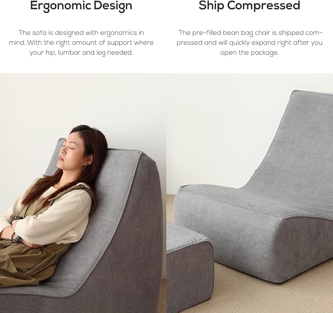 N&V Bean Bag Chair Single Seated Foam Sofa Armless Floor Sofa with High Density Foam Removable and Machine Washable Cover (Grey, Large, No Stripes)