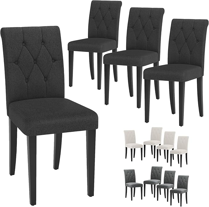 Upholstered Dining Chairs Set of 4, Button Tufted Parsons Dining Chair with Solid Wood Legs, Modern Fabric Side Chair for Dining Room/Kitchen/Restaurant/Hotel- Black