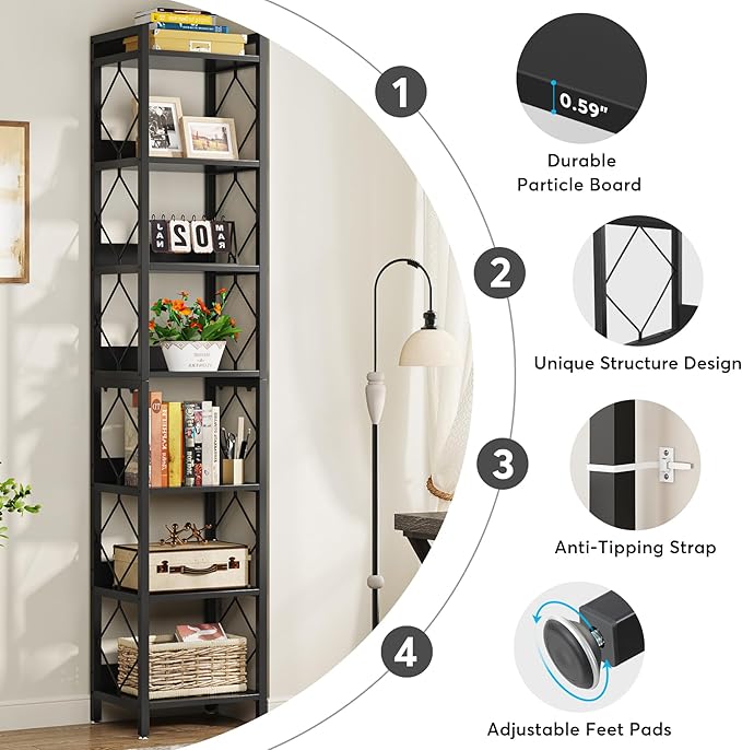 Tribesigns 78.7 Inch Extra Tall Narrow Bookshelf, 7 Tier Skinny Bookcase for Small Spaces, Freestanding Display Shelves, Multifunctional Corner Storage Organizer for Home Office, Black