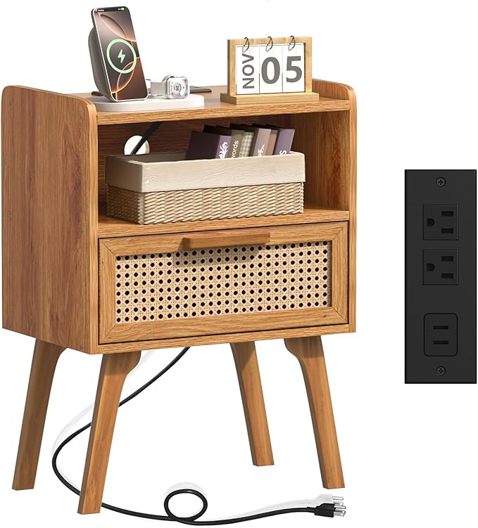 Lerliuo Rattan Nightstand with Charging Station, Side Table with Drawer, Cane Accent Bedside End Table with Solid Wood Legs, Night Stand for Bedroom, Dorm and Small Spaces (Tea Brown)