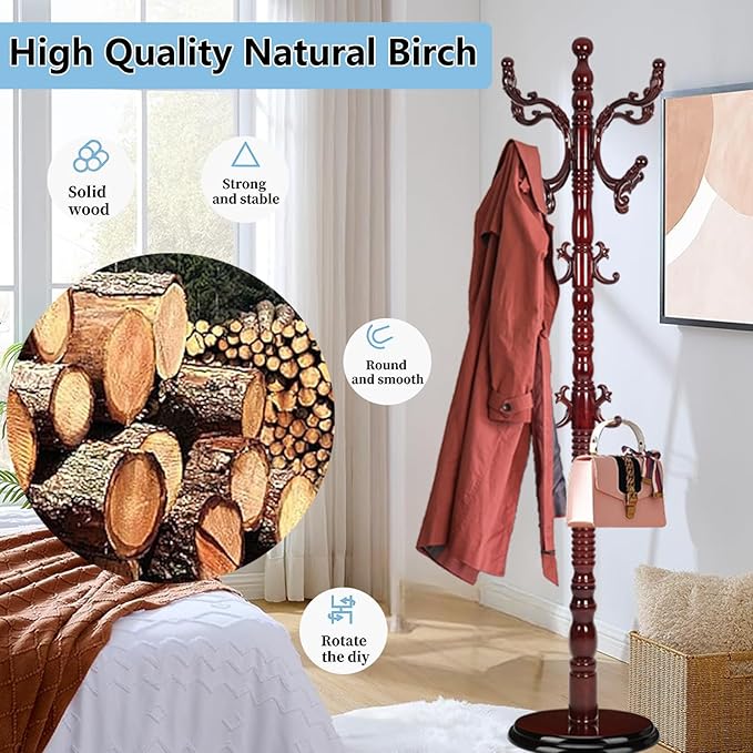 Solid Wood Coat Rack, Coat Racks Free Standing with 14 Hooks, Vintage Coat Rack with Stable Disc Base, Adjustable Height 73 in for Porch, Living Room, Bedroom, Office (Redwood Color)