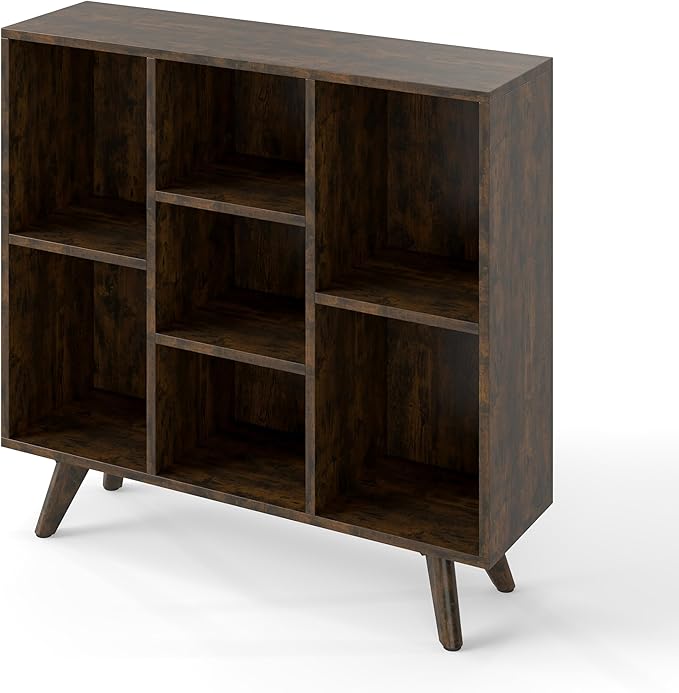 Manora Rustic Brown 7 Cube Mid Century Modern Bookshelf, Wooden Storage Organizer with Open Shelves, Retro Bookcase for Living Room, Bedroom, Home Office