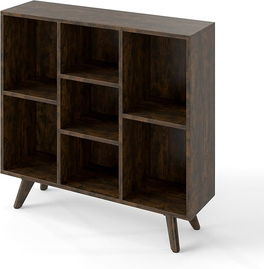 Manora Rustic Brown 7 Cube Mid Century Modern Bookshelf, Wooden Storage Organizer with Open Shelves, Retro Bookcase for Living Room, Bedroom, Home Office