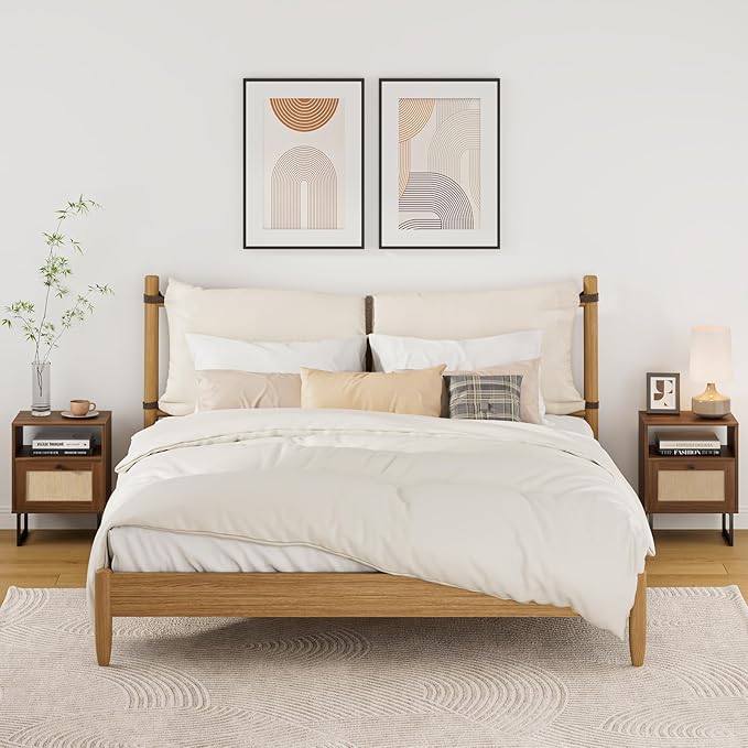 Rattan Nightstand, Mid Century Modern Night Stand,Boho Farmhouse Wood Bedside Table with Storage and Open Shelf, End Side Accent Table for Bedroom,Living Room,Walnut